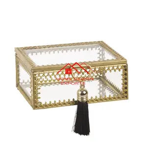 2024 High selling HandMade Metal & Glass Jewellery Box Dull Golden Finished Metal Jewellery Box For Storage Use