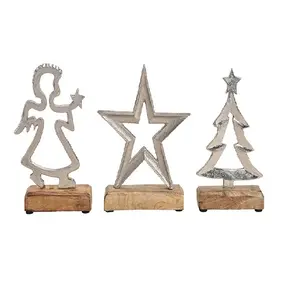 Estatuilla decorativa Ángel guardián árbol de Navidad y estrella para decoración de Navidad y decoración de Pascua en base de madera Juego de 3