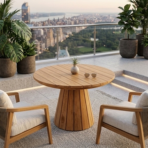 Natural Teak Wood <b>Round</b> Outdoor Garden Dining <b>Table</b> Conical Fluted Base Wooden <b>Patio</b> Setup Decor Pure Room Art Design - Product Image 4