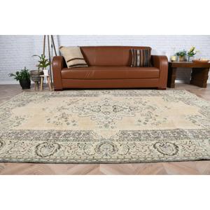 พรมตุรกีขนาด 6.4x9.3 ฟุต พรมโบราณขนาดใหญ่ พรมขนสัตว์สไตล์โอเรียนทัลสีเบจ-น้ำเงิน - Product Image 2