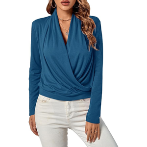 Blusa de trabajo de verano para mujer, cuello en V, manga corta, camisa de solapa coreana, Túnica superior, camisas de trabajo informales de negocios holgadas - Product Image 5