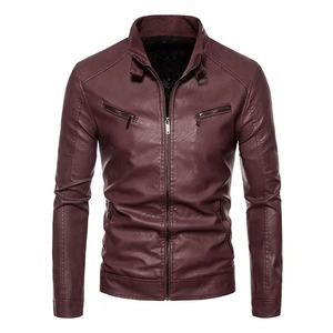 Veste en cuir d'hiver pour hommes col montant couleur unie veste à fermeture éclair serrée haute qualité mode de rue manteaux décontractés vêtements pour hommes - Product Image 1