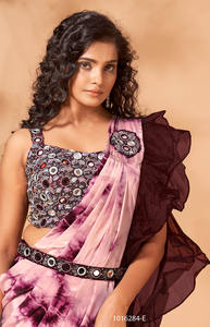 ÚLTIMO DISEÑADOR SATIN GEORGATTE SHIBORI ESPEJO TRABAJO SAREE - Product Image 4