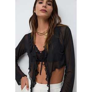 Blouse décontractée d'automne avec logo brodé, décoration en dentelle sur le devant, polyester, coupe classique, pour les fêtes - Product Image 3