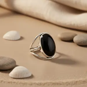 Women's 925 <b>Silver</b> Onyx <b>Statement</b> <b>Ring</b> Handmade Boho Jewelry with Gold & Rhodium Plating Cut Stone Inlay - Product Image 2