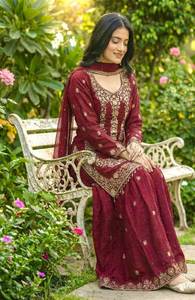 Festival Collection Gmy <b>Silk</b> Heavy Embroidery Sequence Work <b>Top</b> Gmy <b>Silk</b> Sharara With Embroidery Sequence & Lace Work Dupatta - Product Image 4