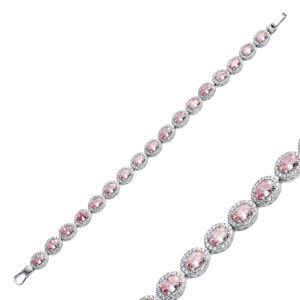 Oval Pink CZ Stone Rodio Plated Venta al por mayor Hecho a mano 925 Sterling Siler Tennis Bracelet - Product Image 1