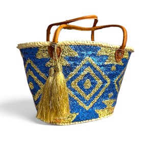 <b>Blue</b> Gold <b>Sequin</b> Straw Beach Bag Woven Tote Handbag with Leather Handles Tassel for Women - Product Image 1