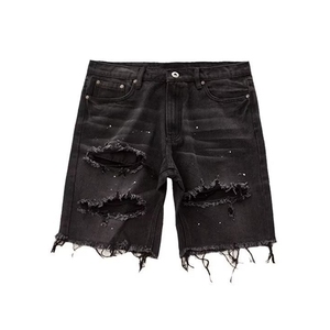 Shorts en jean déchirés pour hommes, coupe slim, effet peinture éclaboussée, denim délavé, streetwear personnalisé - Product Image 2