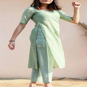 Women's Cotton <b>Kurta</b> Set Traditional Loose Fit Midi Length Casual Wear India Pakistan Style Green Color - Product Image 2