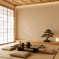 Panneaux muraux acoustiques en bois à lattes, finition chêne clair, Akupanel, panneaux insonorisants pour la décoration murale du salon et de la chambre.