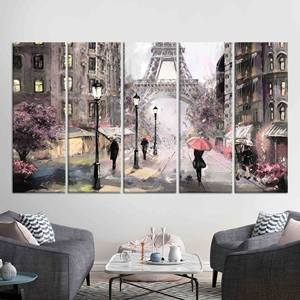 Toile imprimée : Peinture de la Tour Eiffel, Scène parigienne sous la pluie, LOT DE 5 TOILES - Product Image 1