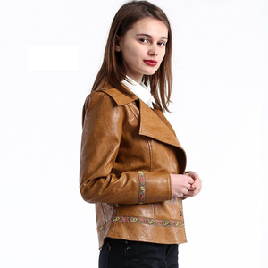 เสื้อแจ็คเก็ตหนังแท้ทรงสลิมสำหรับผู้หญิง สีพื้น คอตั้ง ซิปหน้า แฟชั่น ไซส์ใหญ่ สำหรับฤดูใบไม้ผลิและฤดูใบไม้ร่วง - Product Image 3