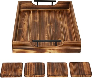 Plateau de service rectangulaire classique écologique en bois d'acacia avec ensemble de sous-verres pour la décoration intérieure plateau à fromages et assiettes à gâteaux pour la cuisine - Product Image 2