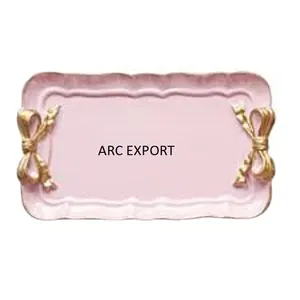 Lovely Pink Design Ware With Golden Metal Antique 2 Handle Unique Stylish Ware Large Decorative Design Serving Tray