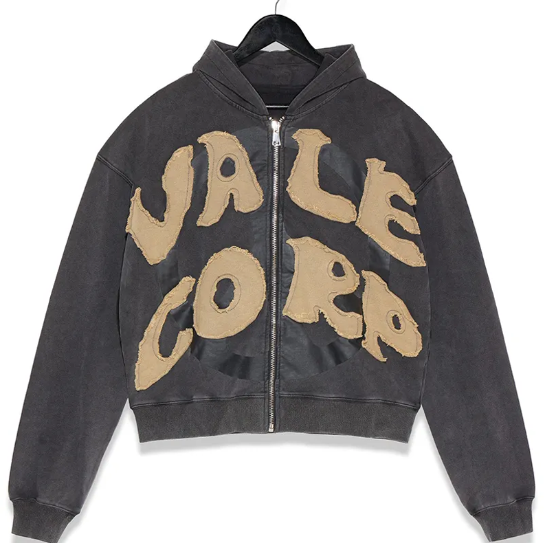 Customize Logo Embroidery Distressed Patch Hoodie 100% Cotton Cropped Raw Hem Streetwear for Men Plain Dyed for Winter