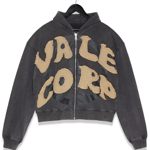 Customize Logo Embroidery Distressed Patch Hoodie 100% Cotton Cropped Raw Hem Streetwear for Men Plain Dyed for Winter - Product Image 1