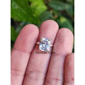 Handmade 925 Solid Sterling <b>Silver</b> Women's Solitaire <b>Ring</b> Cubic Zirconia <b>Emerald</b> Cut for Engagement Gift Her Stunning CZ <b>Silver</b> - Product Image 3