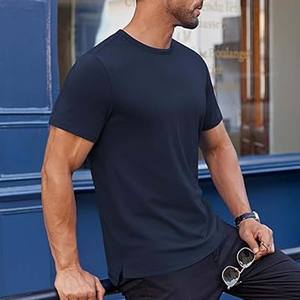 Algodón, camisetas de algodón hilado en anillo Camiseta de cuello redondo para gimnasio | Camisetas unisex ajustadas y altas para hombres delgados - Product Image 6