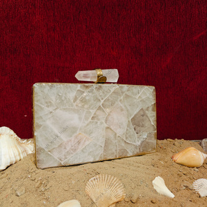 Double Sided Natural Quartz Gemstone Panelled <b>Clutch</b> with Polished Stone Inlay Gold Frame Handcrafted Luxury Statement <b>Bag</b> - Product Image 2