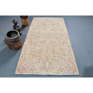 Alfombra turca Vintage Beige 3,9 X 7.2ft Lana hecha a mano con diseño de retazos Respaldo de látex para cabecera Rectángulo Pasillo Patrón - Product Image 1