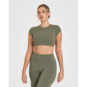 Prix usine vert alpin femmes haut court respirant doux et extensible imprimé coton à manches courtes Fitness haut court t-shirts pour femmes - Product Image 1