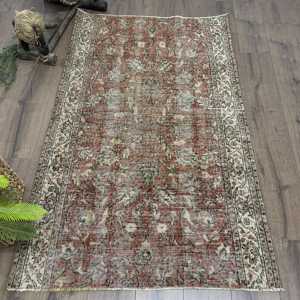 3.6x5.7 ft Vintage Rug, <b>Brown</b> Check Turkish Rug <b>Wool</b> - Product Image 1