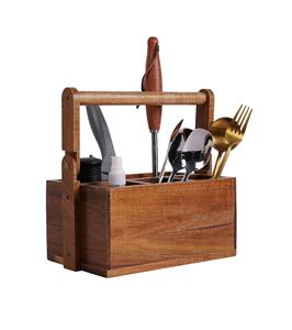 Porte-ustensiles en bois d'acacia avec poignée | Porte-ustensiles et organisateur en bois avec 4 compartiments | Porte-ustensiles pour couverts - Product Image 1