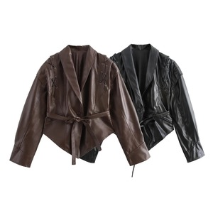 <b>Women</b> Spring Fashion Stylish PU Leather Short Jacket Streetstyle Shawl Collar Windproof Button <b>Girdle</b> formal Leather Jacket - Product Image 6