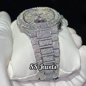 Custom VVS Moissanite Diamond <b>Chronograph</b> Bustdown Unisex Stainless Steel Glass Watch Fully Icedout Handmade Hip Hop Mechanical - Product Image 6