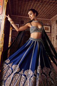 Blue Embroidered Silk <b>Lehenga</b> Choli Zari Work Slim Fit Crop Top Halter Neck Floor Length <b>Skirt</b> Traditional Indian Wedding Wear - Product Image 4