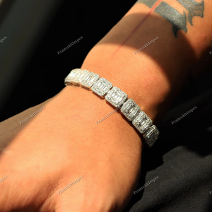 Customized 925 Sterling Silver ractangle Baguette Cut Moissanite Diamond hip hop style <b>tennis</b> Bracelet Factory Wholesaler Price - Product Image 2