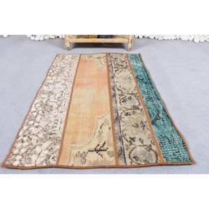 Tapis Turc Vintage (2X3 Ft) Écologique Latex Éclectique Brun Orange Patchwork Design Laine Tissage Plat Décorations de Salon - Product Image 1