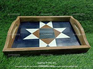 2025 Premium Quality <b>Round</b> Wood Bone Inlay Serving <b>Tray</b> with Floral Design for Ramadan & Diwali Home Hotel Restaurant Use - Product Image 2