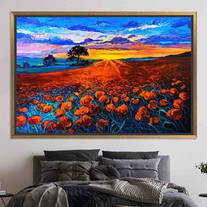 Impresión en lienzo de Poppy Field Sunset: decoración moderna de pared de vidrio templado, lienzo con marco dorado - Product Image 1
