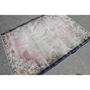 Alfombra clásica vintage de lana, diseño de retales beige y azul, hecha a mano, área grande, felpa de látex rectangular para vivir (4,7 pies X 6,1 pies) - Product Image 4