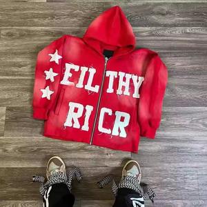 Fabrication Applique Broderie Soleil Faded Vintage Washed Streetwear Patchwork Surdimensionné Personnalisé Zip up Hoodie - Product Image 3