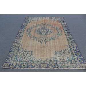 Alfombra Vintage de 5.8x8.8 pies, Alfombra Turca Grande, Alfombra de Lana con Rayas Azules - Product Image 1