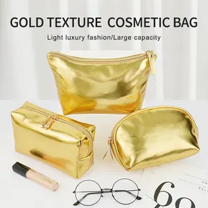 Bolsa de cosméticos portátil para mulheres, bolsa de maquiagem e higiene pessoal em cor dourada pura, moda para viagens e todas as estações
