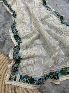 Colección de Sarees de Diseño Elegante de Organza de Seda Chikankari, Largos hasta el Suelo, con Blusa Bordada a Mano, para Bodas y Fiestas - Product Image 3