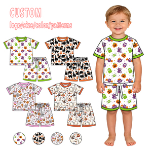 Ensemble pyjama 2 pièces en bambou pour enfants, manches courtes, short, cordon de serrage, vêtements de nuit imprimés Halloween, tenue de maison pour garçons et filles - Product Image 1