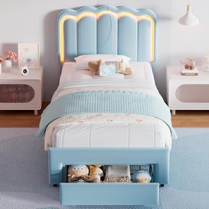 <span class=keywords><strong>Lit</strong></span> réglable à plateforme double Chic Tête de <span class=keywords><strong>lit</strong></span> LED Tiroir de rangement rembourré Velours Wavy Princess Lattes Bois massif Enfants/Filles - Product Image 2