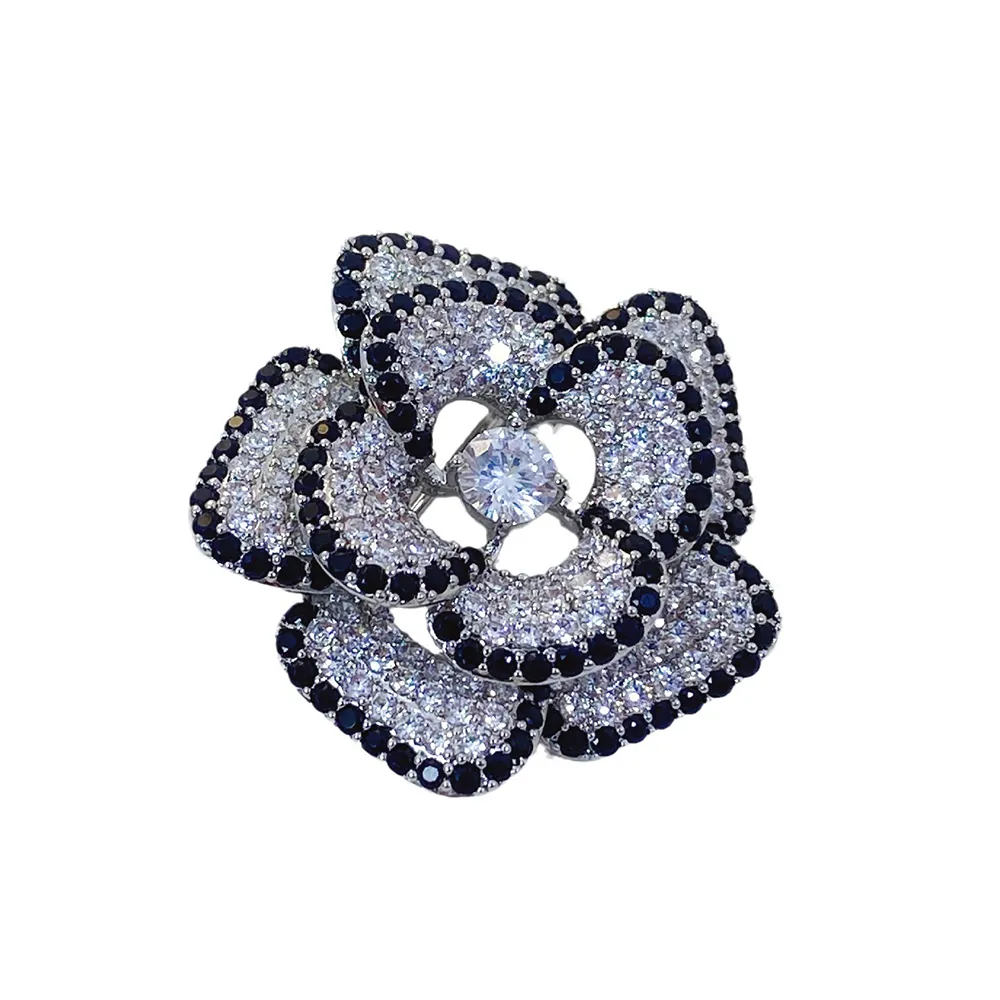 Gaun pengantin desain mode kustom warna hitam bunga kamelia pin bros berlian imitasi untuk pernikahan