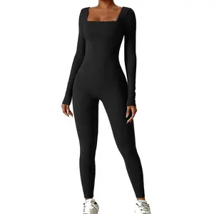 Solid Black Color Long Sleeve 2023 Warm Yoga Jumpsuit Women Square Neck Sexy Suit New Female Autumn Winter