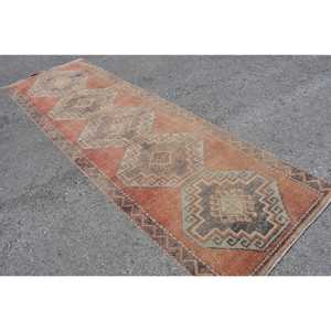 Turkish Rug 3.3x11.1 ft, Red <b>Brown</b> Striped <b>Wool</b> Vintage Rug - Product Image 1