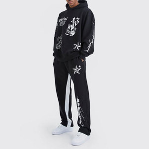 <b>Men</b> <b>Black</b> Hooded Tracksuit Set White Skull Star Print Regular Fit Streetwear Full-Length Sweatshirt Pants Winter Four-Way - Product Image 1