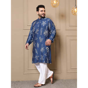 Kurta pour homme Amanush en nylon bleu imprimé oiseaux tropicaux, grande taille, col mandarin, manches trois quarts, coupe ample, tenue d'été - Product Image 3