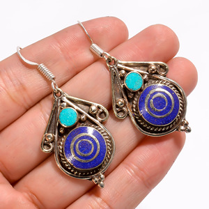 Boucle d'oreille en pierre précieuse de lapis de corail turquoise naturel, bijoux tibétains faits à la main en argent, fournisseur de bijoux en argent antique - Product Image 2