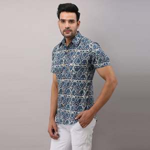 Men's Casual Blue Floral Cotton <b>Shirt</b> Regular Fit Mandarin Collar Breathable Poplin Fabric Size XL for Autumn Winter Season - Product Image 3
