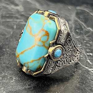 Anillo Grande de Turquesa Hecho a Mano para Hombre, Plata de Ley, Estilo Otomano, Gema Natural Cuadrada, Regalo Único para Él - Product Image 3